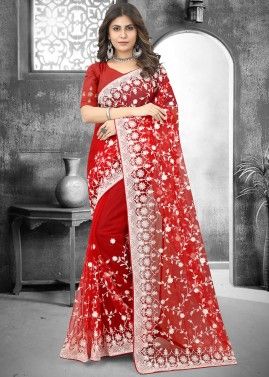 Red Net Embroidered Saree & Blouse