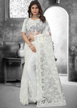 White Net Saree In Resham Embroidery