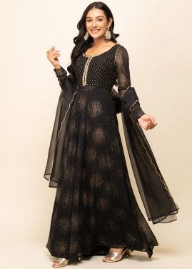 Black Printed Georgette Readymade Anarkali Suit