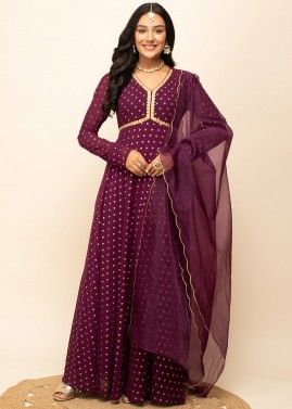 Readymade Printed Georgette Anarkali Suit In Purple