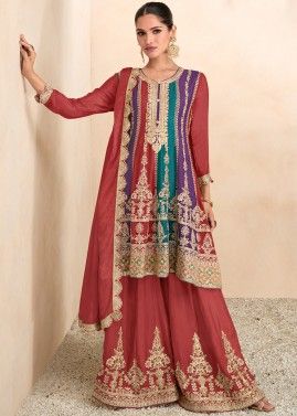 Multicolor Embroidered Readymade Chiffon Flared Style Palazzo Suit