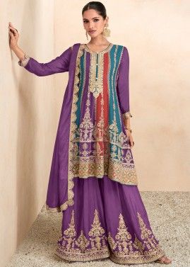 Multicolor Embroidered Readymade Flared Style Palazzo Suit In Chiffon