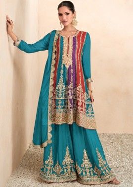 Multicolor Chiffon Embroidered Readymade Palazzo Suit In Flared Style