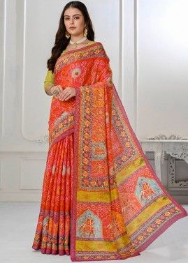 Orange Bandhej Printed Silk Saree 