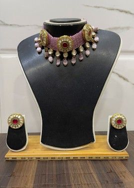 Pink Stone Studded Choker Necklace Set