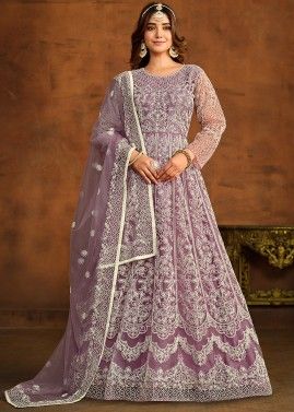 Purple Embroidered Anarkali Suit In Net