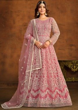 Pink Net Anarkali Suit In Cord Embroidery
