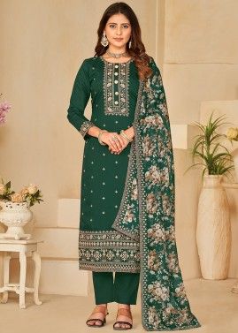 Green Embroidered Pant Suit In Art Silk