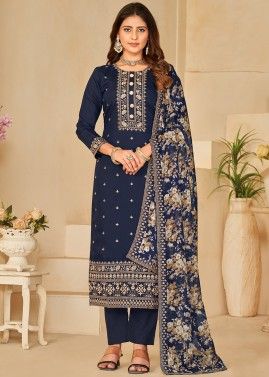 Navy Blue Embroidered Art Silk Pant Suit