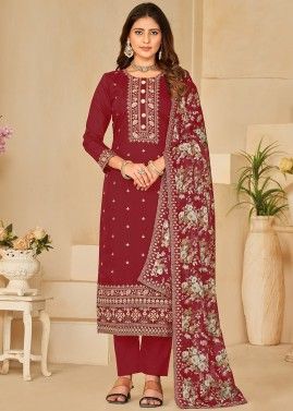 Red Embroidered Pant Style Suit Set