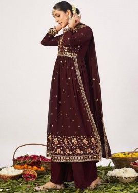 Maroon Georgette Palazzo Suit In Thread Embroidery