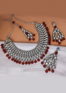 Silver & Maroon Kundan Work Necklace Set