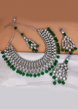 Silver & Green Kundan Studded Necklace Set