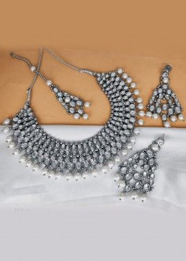 Silver & White Kundan Work Necklace Set
