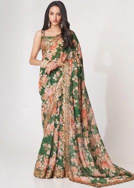 Green Embroidered Saree & Blouse In Organza