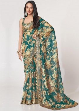 Teal Green Organza Saree With Embroidered Border
