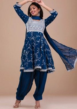 Readymade Blue Embroidered Flared Suit In Art Silk