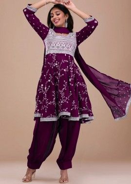 Purple Embroidered Readymade Flared Suit