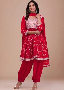 Readymade Red Embroidered Flared Suit Set