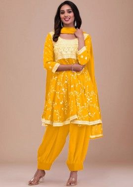 Readymade Yellow Embroidered Flared Suit Set