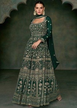 Readymade Green Thread Embroidered Anarkali Suit