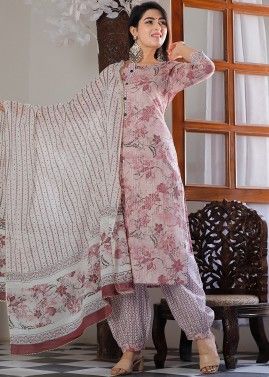 Readymade Pink Floral Print Pant Suit In Cotton