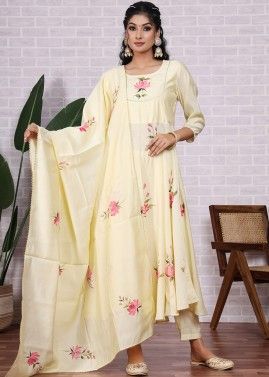 Readymade Yellow Hand Painted Anarkali Pant Suit