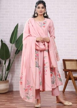 Readymade Pink Hand Painted Anarkali Pant Suit
