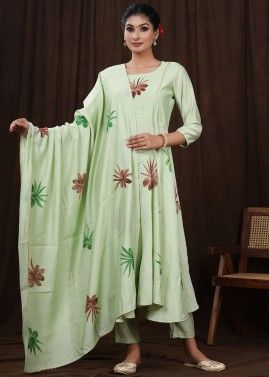 Readymade Green Hand Painted Anarkali Pant Suit