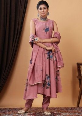 Mauve Pink Readymade Hand Painted Anarkali Pant Suit