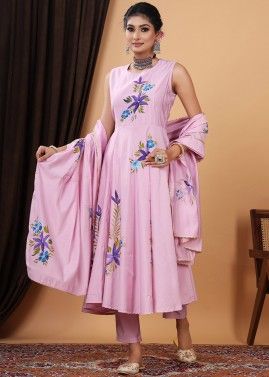 Pink Readymade Hand Painted Anarkali Pant Suit