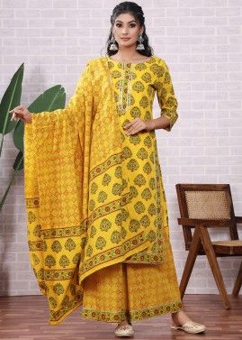 Yellow Readymade Floral Print Palazzo Suit Set