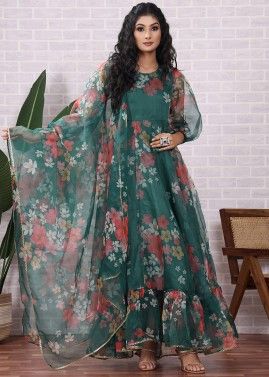 Readymade Green Floral Printed Anarkali Suit
