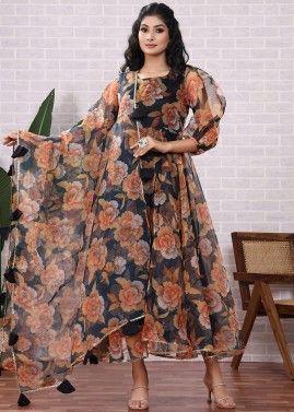 Readymade Black Floral Printed Anarkali Suit