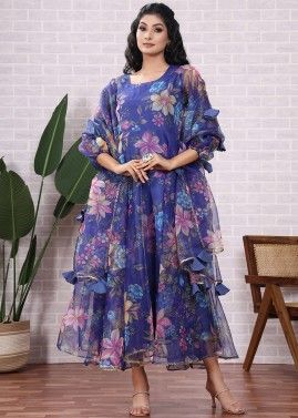 Readymade Blue Floral Printed Anarkali Suit