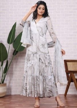 Readymade Grey Printed Anarkali Suit & Dupatta