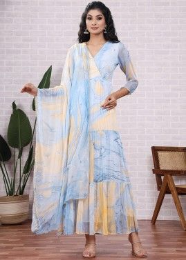 Readymade Blue Printed Anarkali Suit & Dupatta