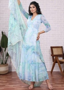 Blue Printed Readymade Anarkali Suit & Dupatta