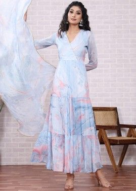 Blue Printed Readymade Anarkali Suit Set
