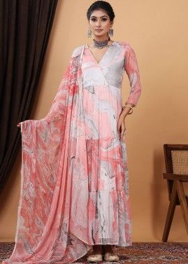 Readymade Coral Pink Printed Anarkali Suit