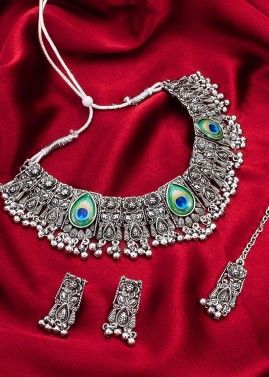 Silver Oxidized & Embossed Necklace Set