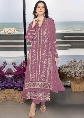 Mauve Pink Georgette Pant Suit In Thread Embroidery
