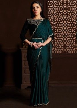 Teal Blue Stone Embellished Saree In Chiffon