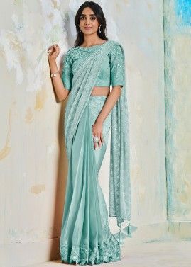 Blue Embroidered Satin Saree With Blouse
