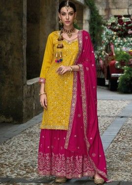 Yellow Embroidered Readymade Silk Gharara Suit