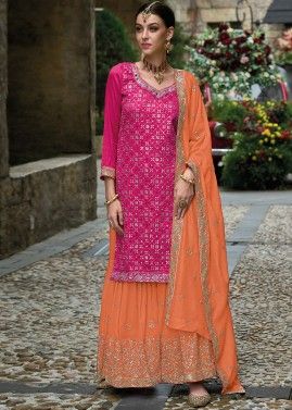 Pink Embroidered Readymade Gharara Suit In Silk