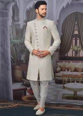 White Embroidered Readymade Groom Sherwani Pant Set