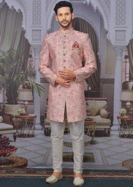 Peach Readymade Floral Printed Sherwani With Pant