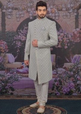 Grey Chikankari Embroidered Asymmetric Sherwani Churidar Set