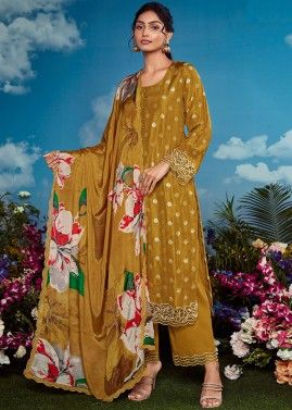 Yellow Woven Work Cotton Palazzo Suit